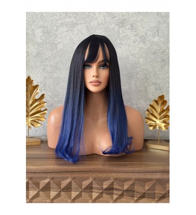 Düz uzun siyah mavi perçemli peruk