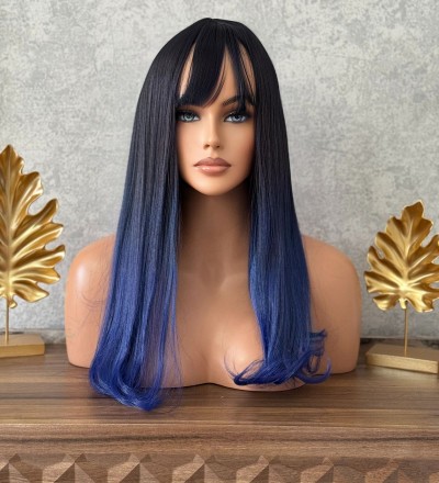 Düz uzun siyah mavi perçemli peruk