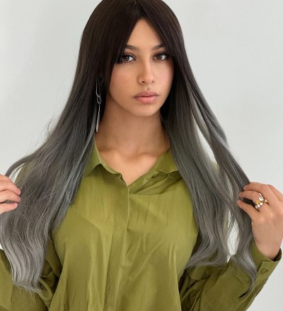 Luxury düz siyah gri perçemli peruk