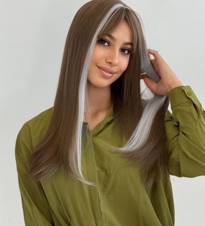 Luxury önleri gri ışıltılı kahve tonlu peruk