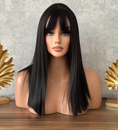 Luxury siyah düz perçemli peruk