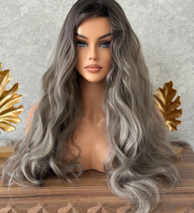 Özel luxury siyah gri ombreli perçemli peruk