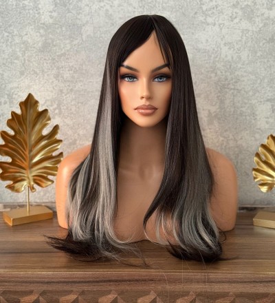 Siyah gri ışıltılı düz medikal cilt peruk perçemli model Siyah gri ışıltılı düz medikal cilt peruk perçemli model