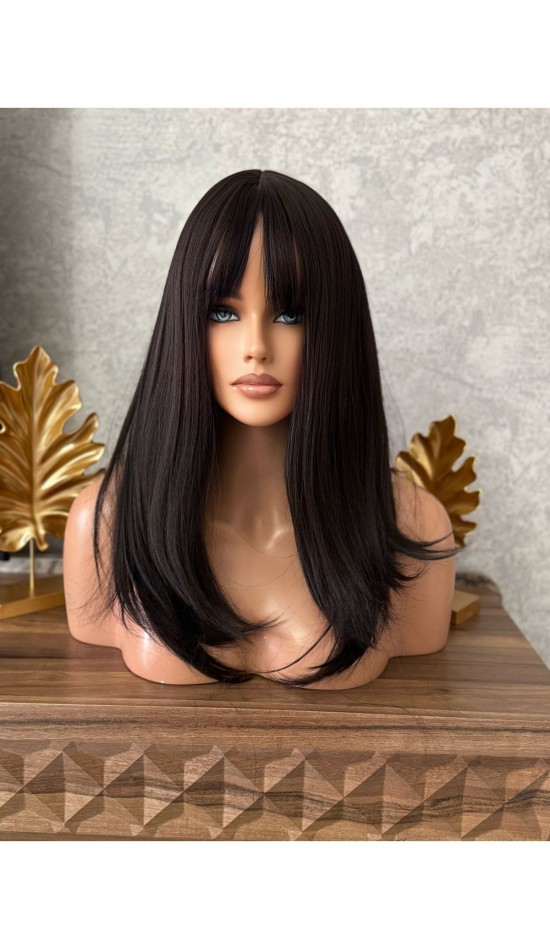 Yeni sezon gerçek saç dokusunda koyu kahve perçemli peruk Yeni sezon gerçek saç dokusunda koyu kahve perçemli peruk