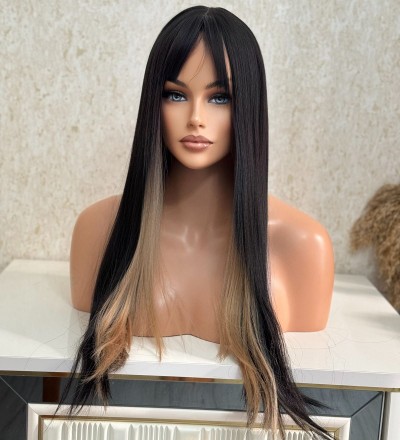 Yeni sezon koyu kestane karamel ışıltılı düz uzun peruk