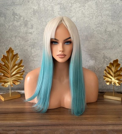 Yeni sezon soğuk sarı yeşil ombreli perçemli peruk Yeni sezon soğuk sarı yeşil ombreli perçemli peruk