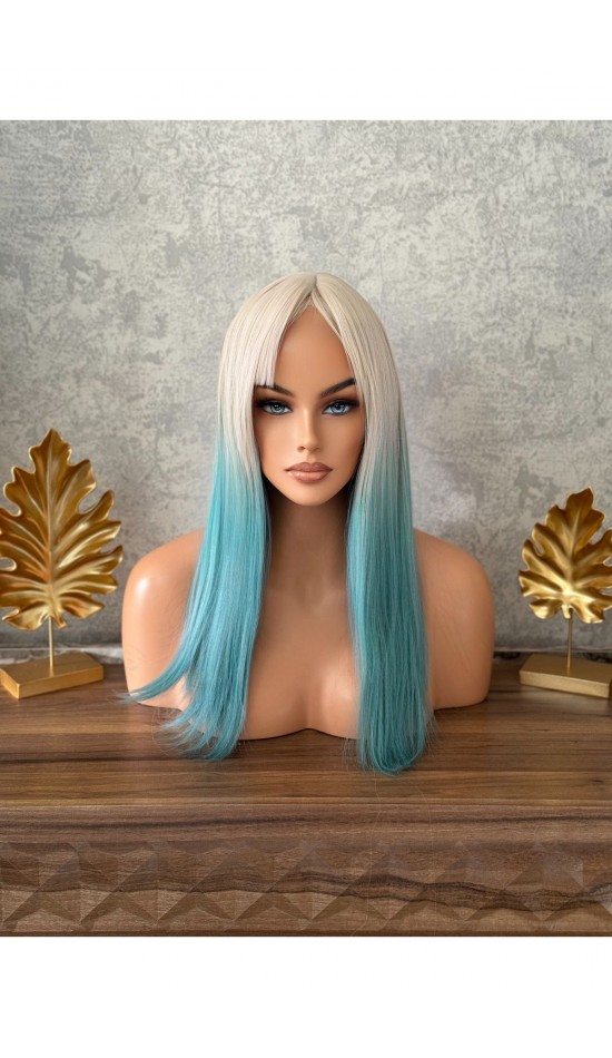 Yeni sezon soğuk sarı yeşil ombreli perçemli peruk Yeni sezon soğuk sarı yeşil ombreli perçemli peruk